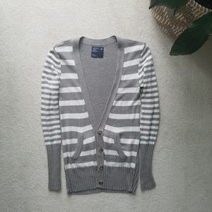 American Eagle Gray White Striped Long Cardigan V Neck Sweater